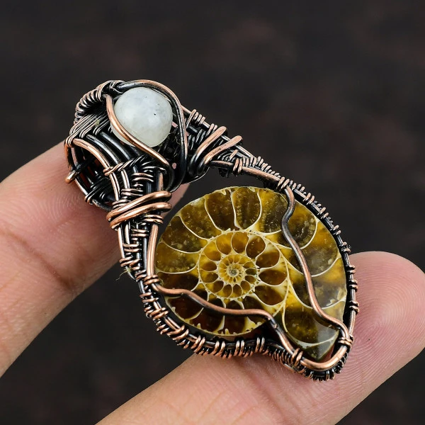 Ammonite Fossil Pear Brown Handmade Copper Wire Wrapped Pendant