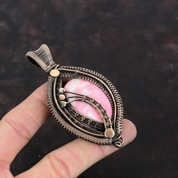 Thulite Oval Pink Handmade Copper Wire Wrapped Pendant