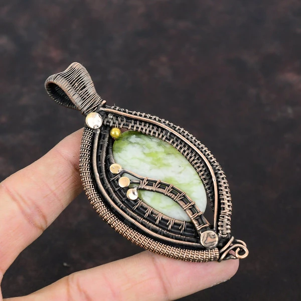 Green Aragonite Oval Green Handmade Copper Wire Wrapped Pendant