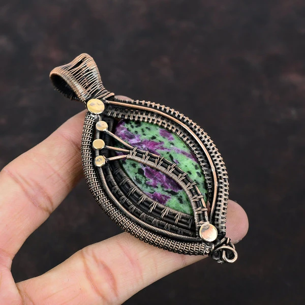Ruby Zoisite Oval Green Handmade Copper Wire Wrapped Pendant
