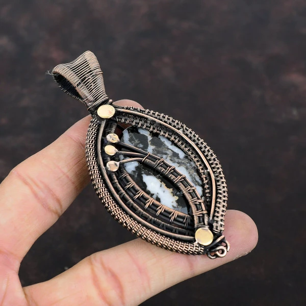 White Buffalo Turquoise Oval Black Handmade Copper Wire Wrapped Pendant