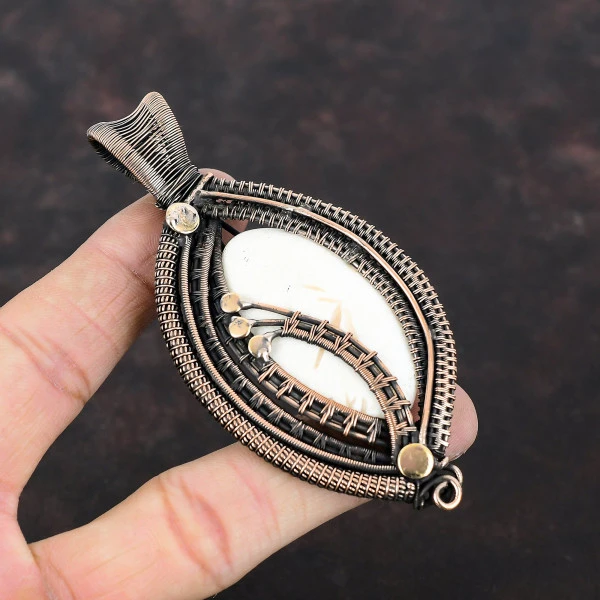 Scolecite Oval White Handmade Copper Wire Wrapped Pendant