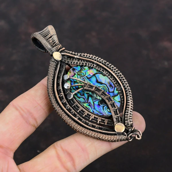 Abalone Shell Oval Blue Handmade Copper Wire Wrapped Pendant