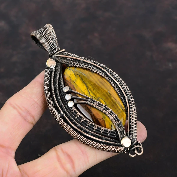 Tiger's Eye Oval Brown Handmade Copper Wire Wrapped Pendant