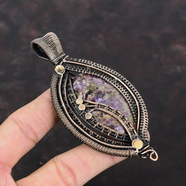Charoite Oval Purple Handmade Copper Wire Wrapped Pendant