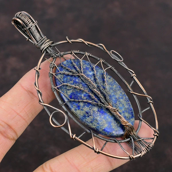 Lapis Lazuli Oval Blue Handmade Copper Wire Wrapped Pendant