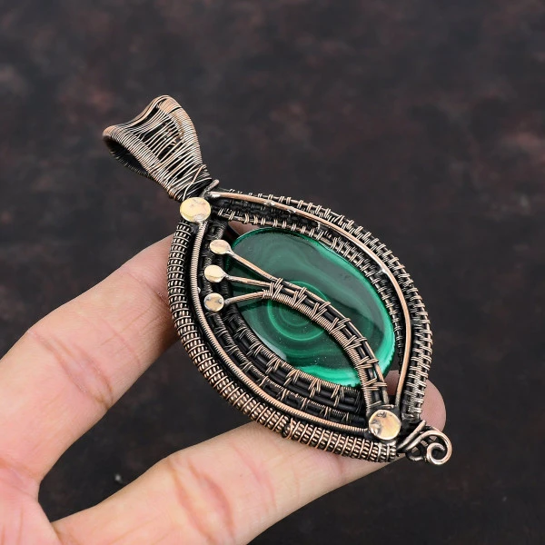 Malachite Oval Green Handmade Copper Wire Wrapped Pendant