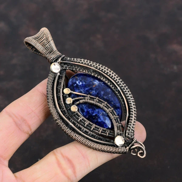 Sodalite Oval Blue Handmade Copper Wire Wrapped Pendant