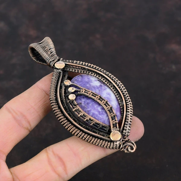 Lepidolite Oval Purple Handmade Copper Wire Wrapped Pendant