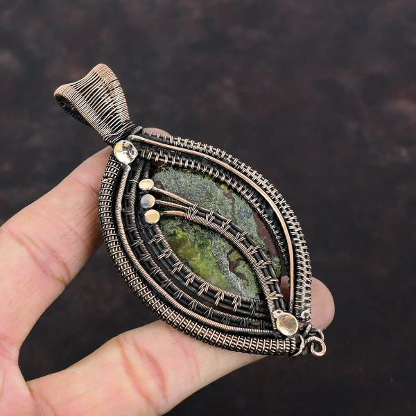 Dragon Bloodstone Oval Green Handmade Copper Wire Wrapped Pendant