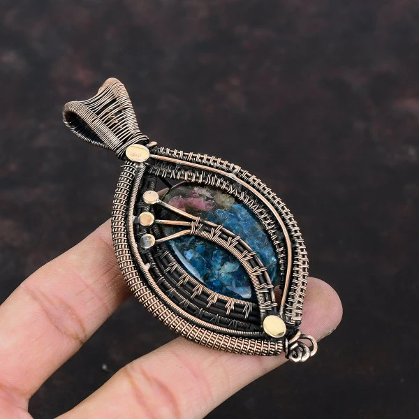 Watermelon Tourmaline Oval Blue Handmade Copper Wire Wrapped Pendant