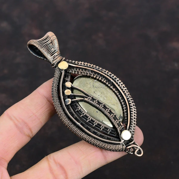 Pyrite Oval Gold Handmade Copper Wire Wrapped Pendant