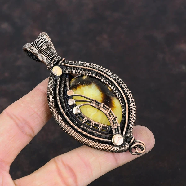 Septarian Oval Yellow Handmade Copper Wire Wrapped Pendant
