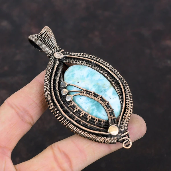 Larimar Oval Blue Handmade Copper Wire Wrapped Pendant