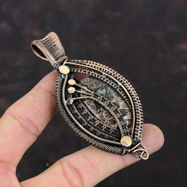 Turritella Agate Oval Brown Handmade Copper Wire Wrapped Pendant