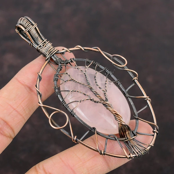Rose Quartz Oval Pink Handmade Copper Wire Wrapped Pendant