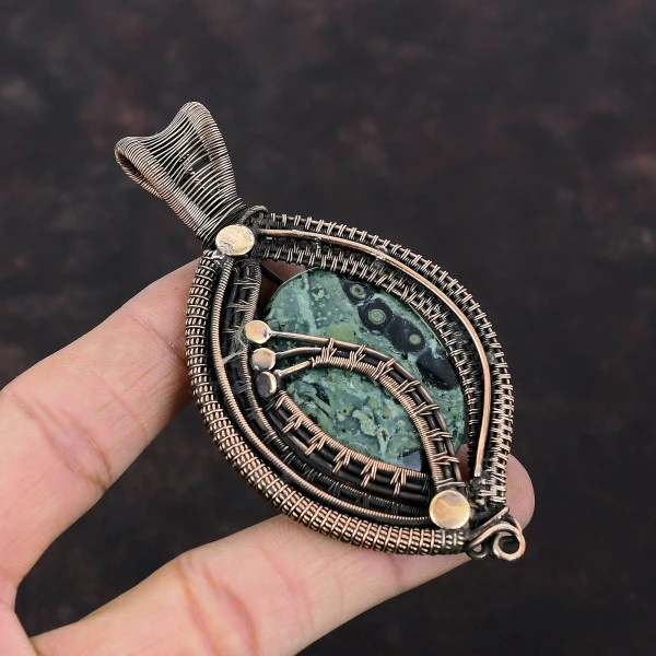 Kambaba Jasper Oval Green Handmade Copper Wire Wrapped Pendant