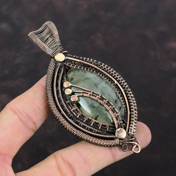 Moss Prehnite Oval Green Handmade Copper Wire Wrapped Pendant