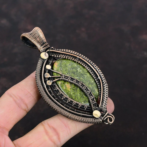 Unakite Oval Green Handmade Copper Wire Wrapped Pendant