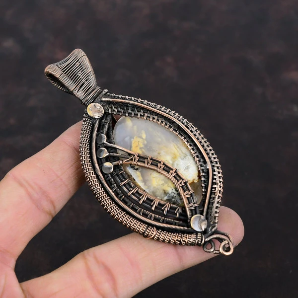 Plume Agate Oval White Handmade Copper Wire Wrapped Pendant