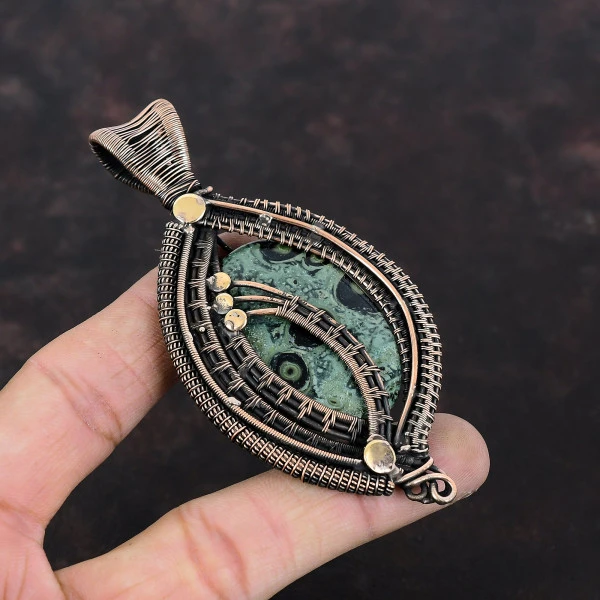 Kambaba Jasper Oval Green Handmade Copper Wire Wrapped Pendant