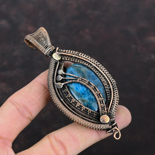 Neon Apatite Oval Blue Handmade Copper Wire Wrapped Pendant