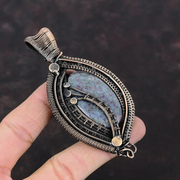 Ruby In Blue Kyanite Oval Blue Handmade Copper Wire Wrapped Pendant
