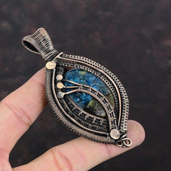 Watermelon Tourmaline Oval Blue Handmade Copper Wire Wrapped Pendant