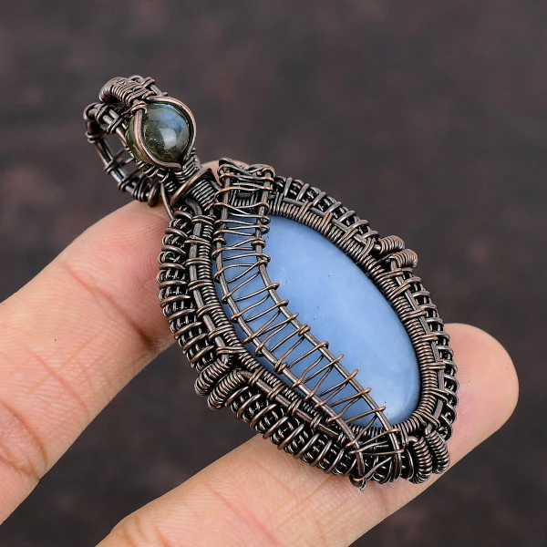 Angelite Oval Blue Handmade Copper Wire Wrapped Pendant