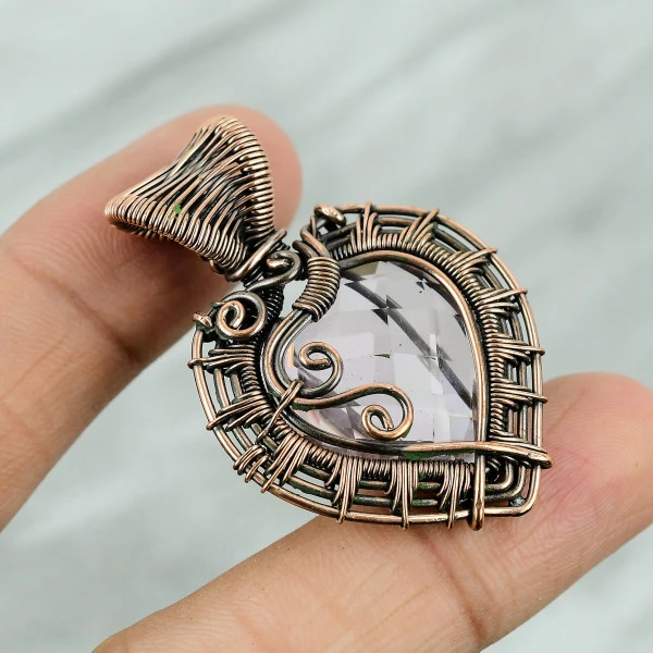 Pink Kunzite Heart Pink Handmade Copper Wire Wrapped Pendant