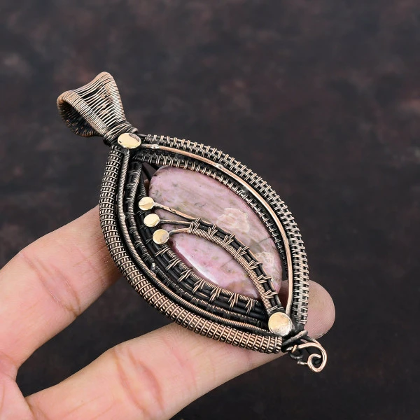 Rhodonite Oval Pink Handmade Copper Wire Wrapped Pendant