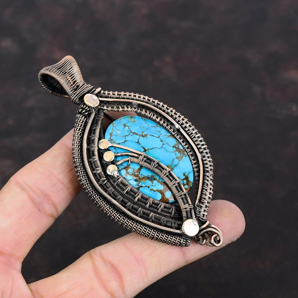 Tibetan Turquoise Oval Blue Handmade Copper Wire Wrapped Pendant