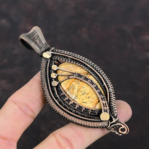 Picture Jasper Oval Brown Handmade Copper Wire Wrapped Pendant