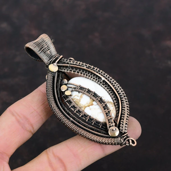 Wild Horse Magnesite Oval White Handmade Copper Wire Wrapped Pendant
