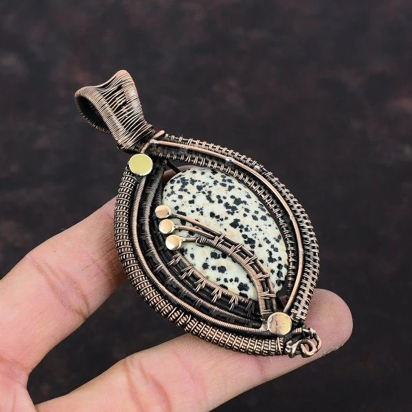 Dalmatian Jasper Oval Black Handmade Copper Wire Wrapped Pendant