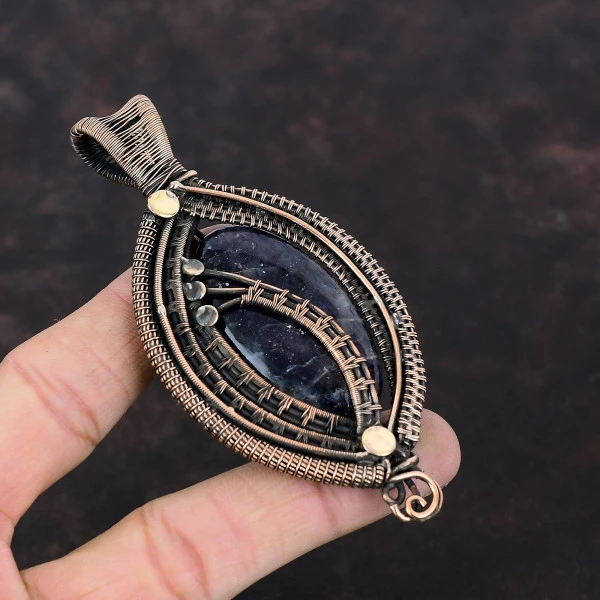 Iolite Sunstone Oval Blue Handmade Copper Wire Wrapped Pendant