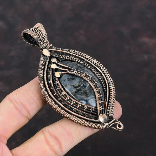 Larvikite Oval Black Handmade Copper Wire Wrapped Pendant