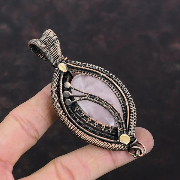 Rose Quartz Oval Pink Handmade Copper Wire Wrapped Pendant
