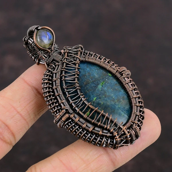Neon Apatite Oval Blue Handmade Copper Wire Wrapped Pendant