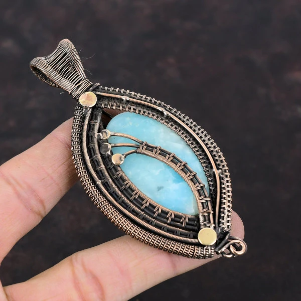 Hemimorphite Oval Blue Handmade Copper Wire Wrapped Pendant