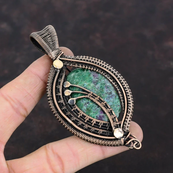 Ruby Fuchsite Oval Green Handmade Copper Wire Wrapped Pendant