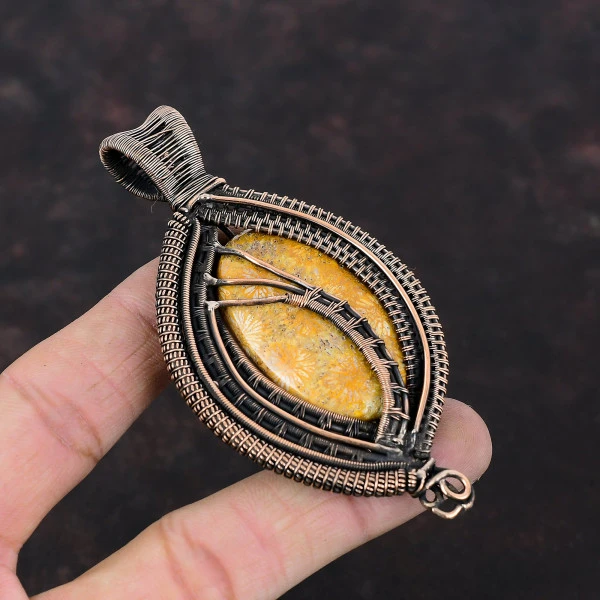 Fossil Coral Oval Brown Handmade Copper Wire Wrapped Pendant
