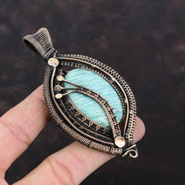 Amazonite Oval Green Handmade Copper Wire Wrapped Pendant