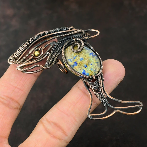 Azurite Malachite Oval Blue Handmade Copper Wire Wrapped Pendant
