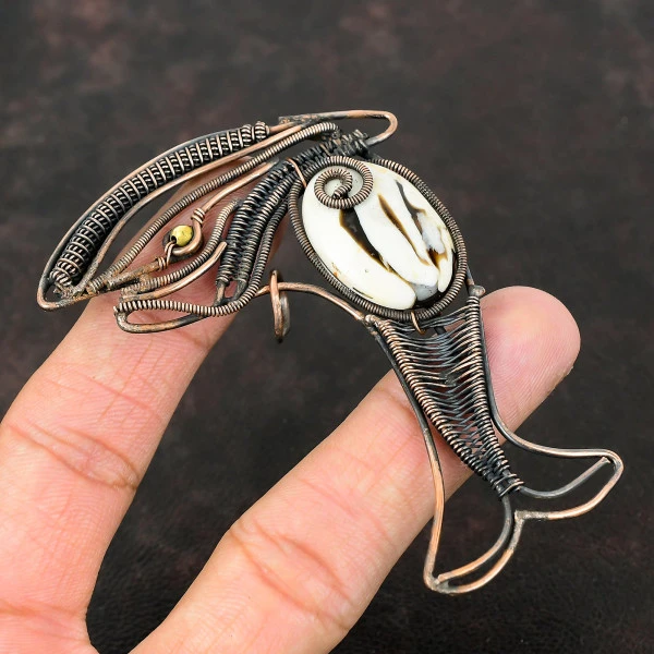 Peanut Wood Jasper Oval White Handmade Copper Wire Wrapped Pendant
