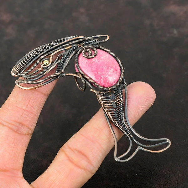 Thulite Oval Pink Handmade Copper Wire Wrapped Pendant