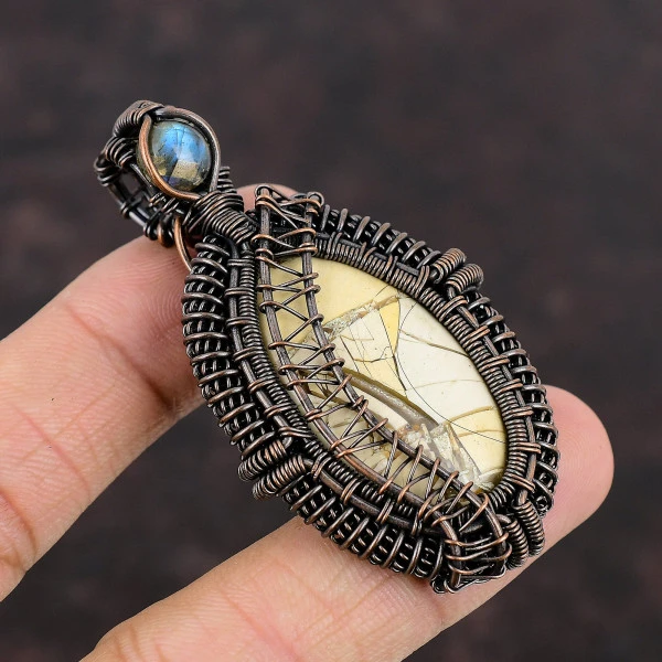 Brecciated Mookaite Oval Yellow Handmade Copper Wire Wrapped Pendant