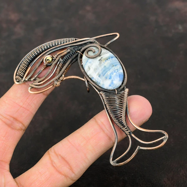 Blue Scheelite Oval Blue Handmade Copper Wire Wrapped Pendant