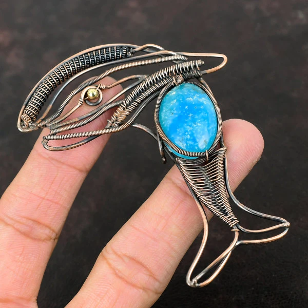 Smithsonite Oval Blue Handmade Copper Wire Wrapped Pendant