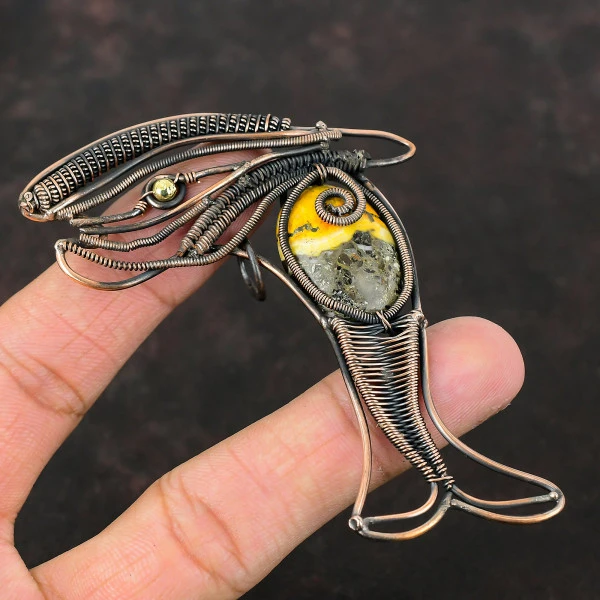 Bumble Bee Jasper Oval Yellow Handmade Copper Wire Wrapped Pendant